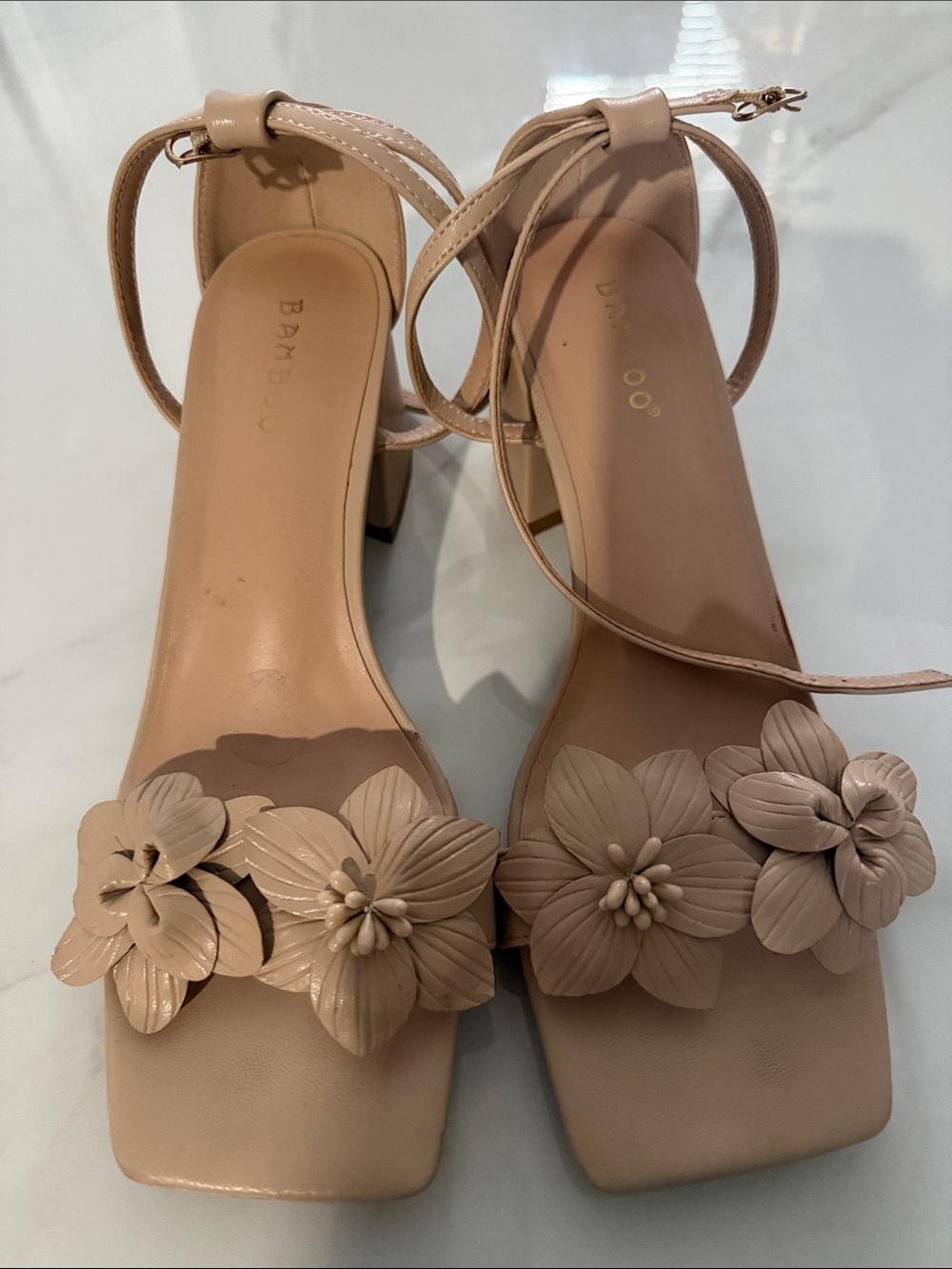 BAMBOO Beige Floral Ankle-Strap Block Heel Sandals